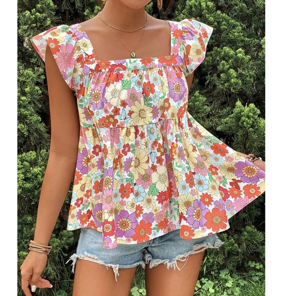 Boho Floral Print Ruffle Cap Sleeve Flowy Blouse - Picture 2 of 4